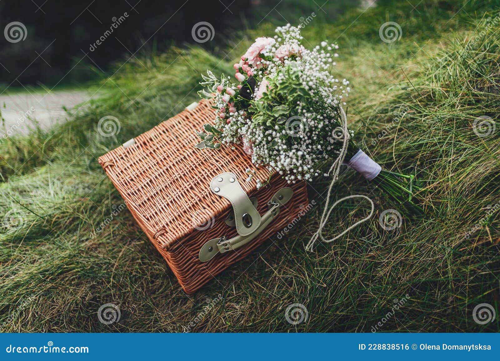 Picnic Basket with Wild Flowers on the Grass Stock Photo Image of