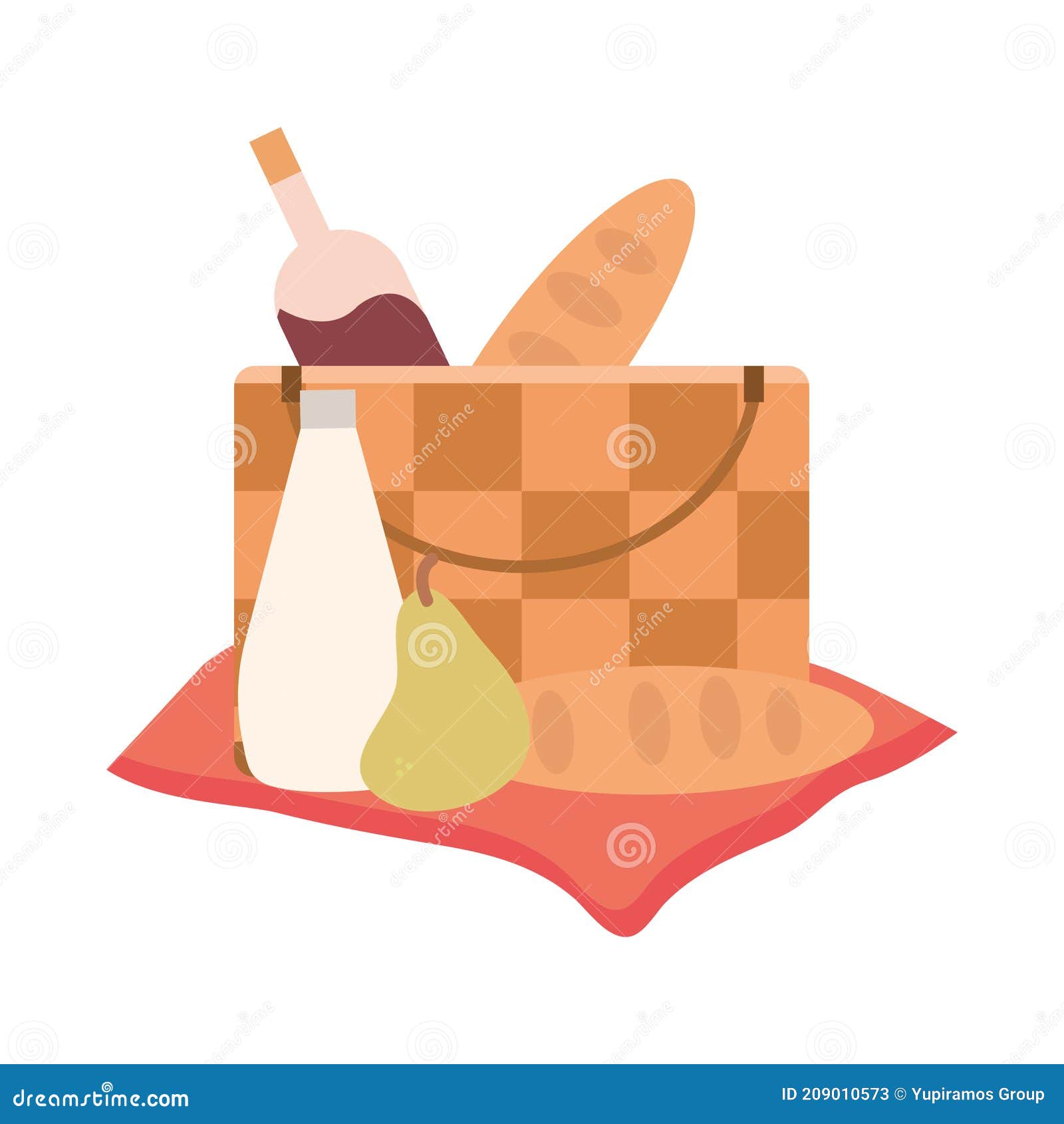 Picnic Basket Wine Bottle Bread Pear And Juice On Blanket Stock Vector