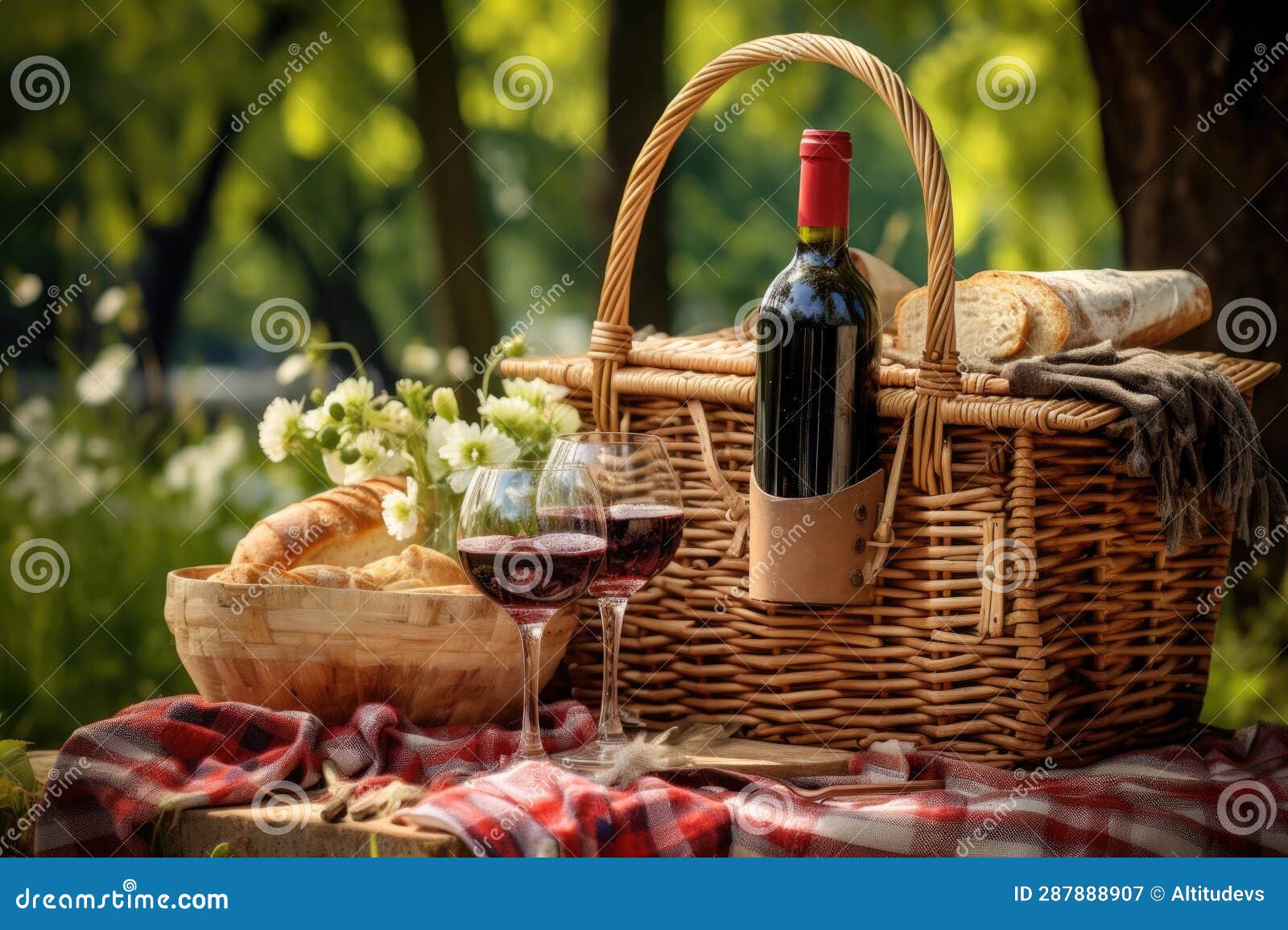Picnic Basket with Wine Bottle and Glasses on a Table Stock