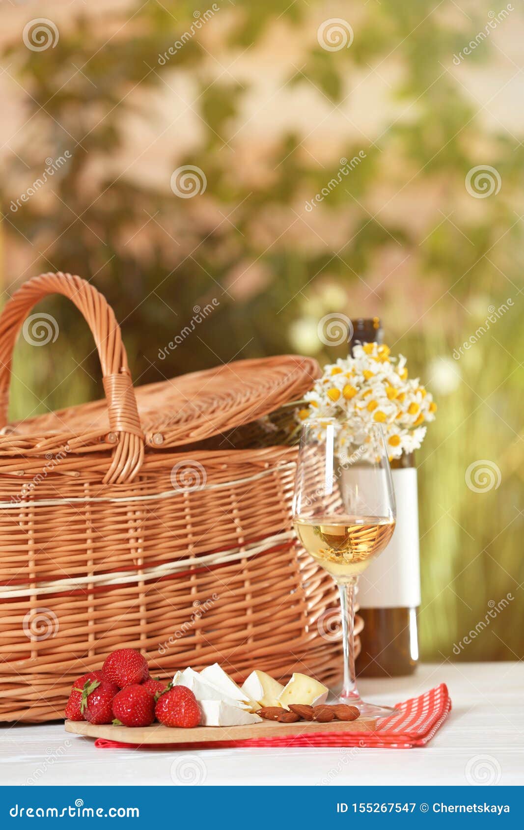 Picnic Basket, Wine and Products on Table Stock Image Image of food, garden 155267547