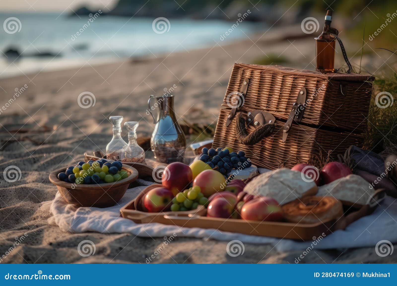 Picnic on the Beach. Generative AI Technology Stock Illustration