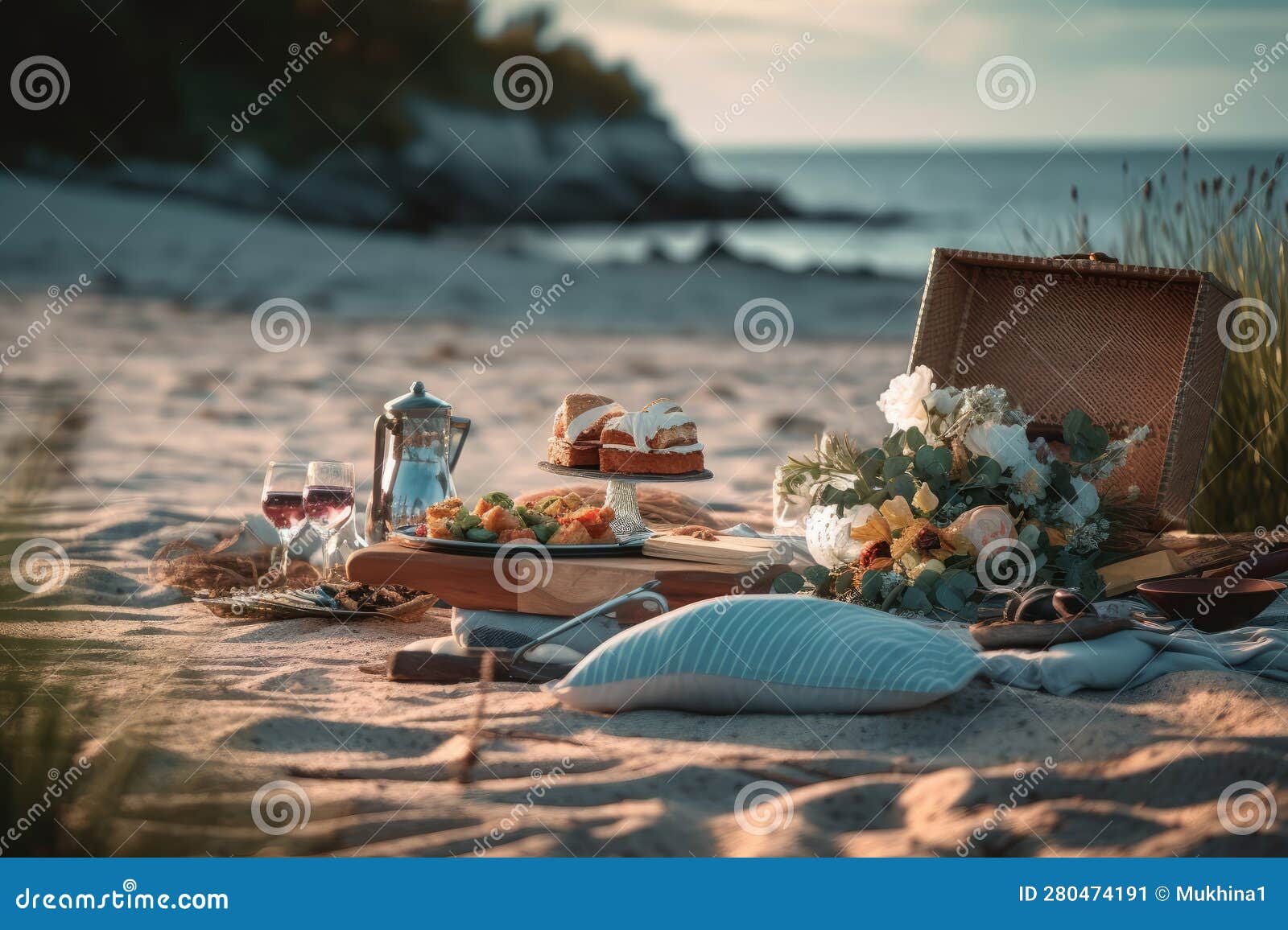 Picnic on the Beach. Generative AI Technology Stock Illustration