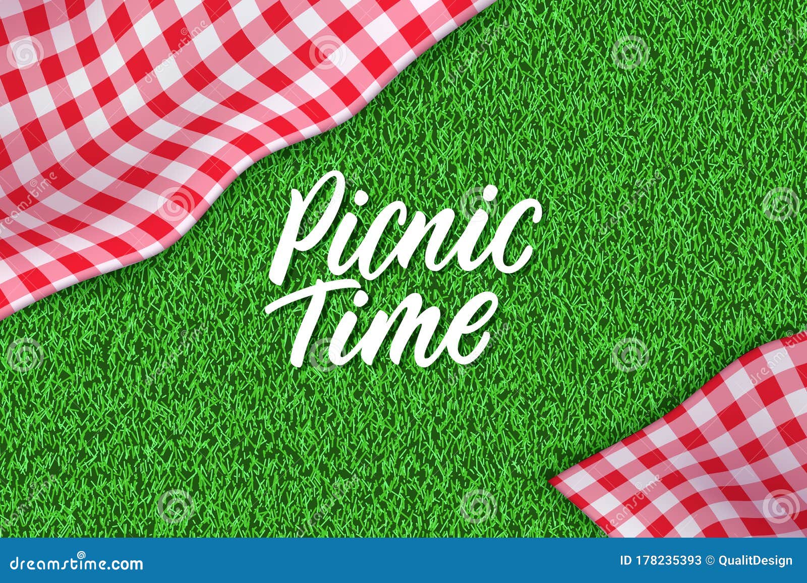 Picnic Horizontal Background. Vector Poster or Banner Template with  Realistic Red Gingham Plaid on Green Grass Lawn Stock Vector - Illustration  of layout, lunch: 178235393