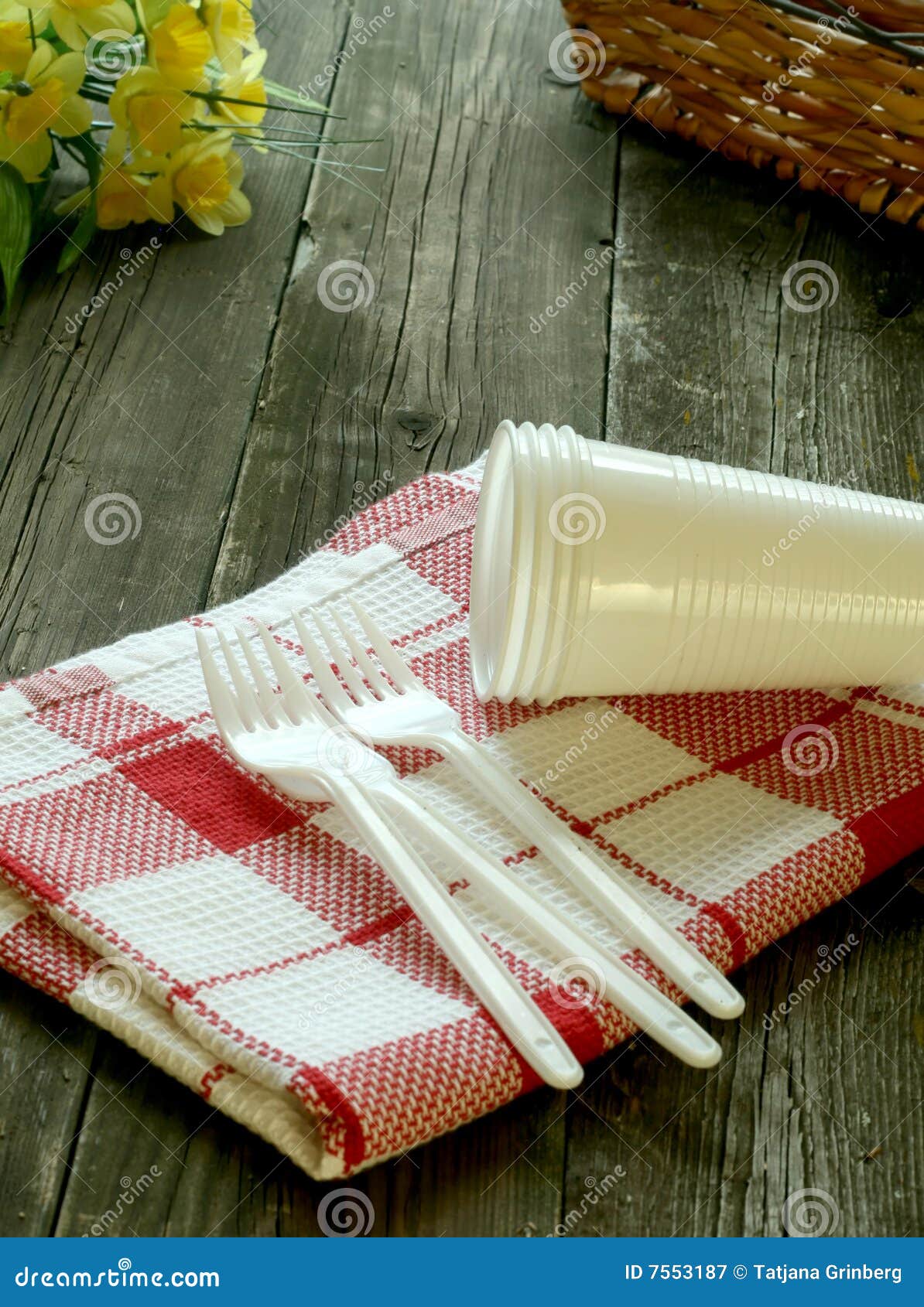 Picnic, Plastic Dishware and Napkin on Wooden Stock Image Image of