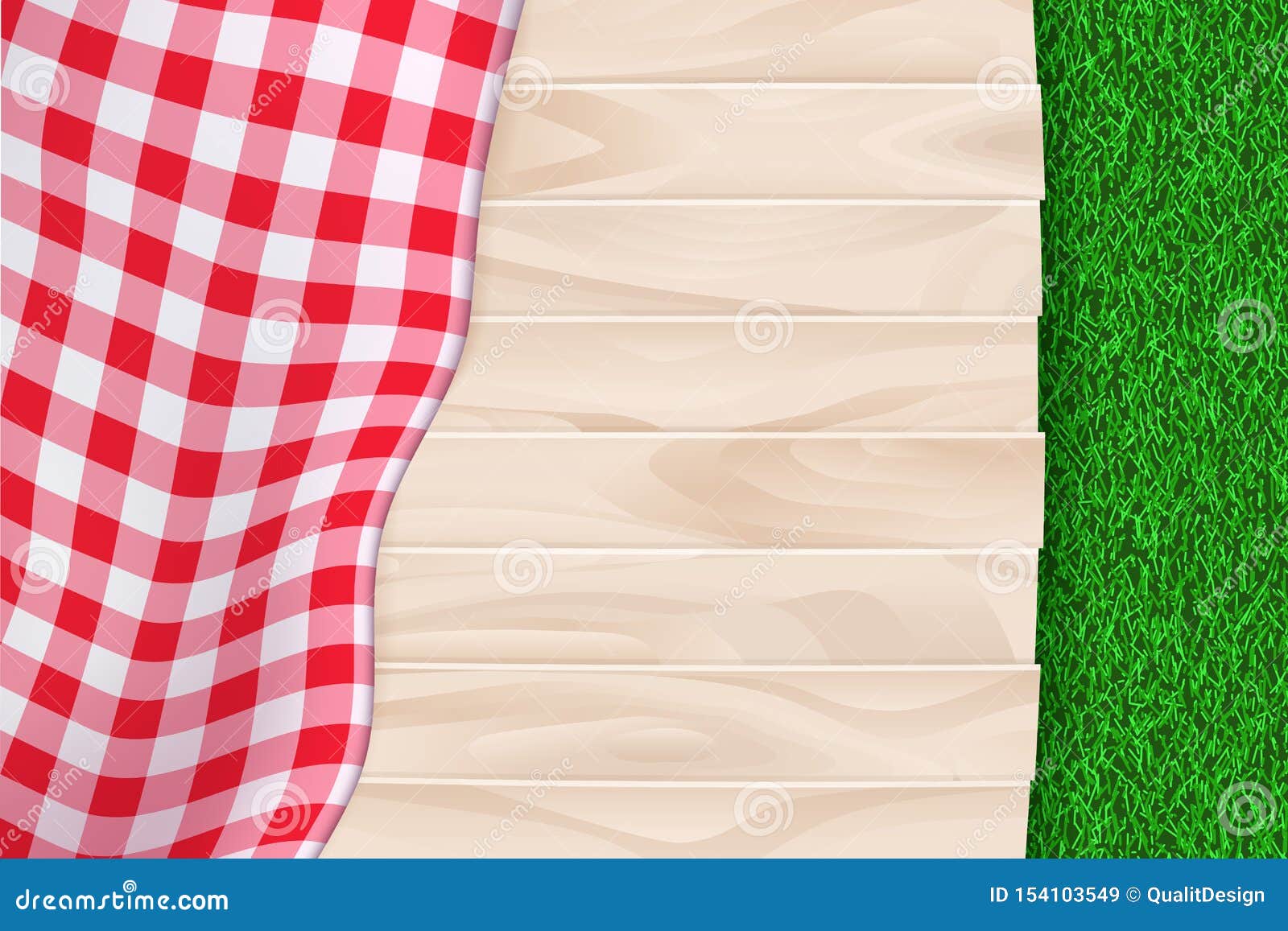 Picnic Poster, Banner Background. Vector Illustration of Red Plaid  Tablecloth on Wooden Table and Green Grass Backdrop Stock Vector -  Illustration of poster, menu: 154103549
