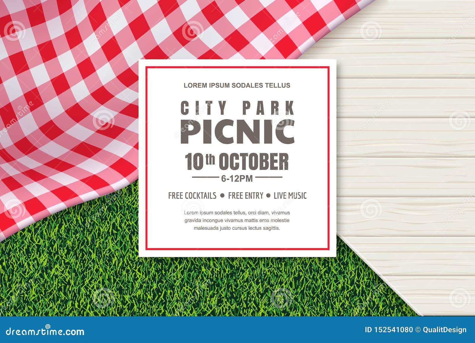 picnic poster or banner  template.  background with realistic red gingham tablecloth, wooden table and grass