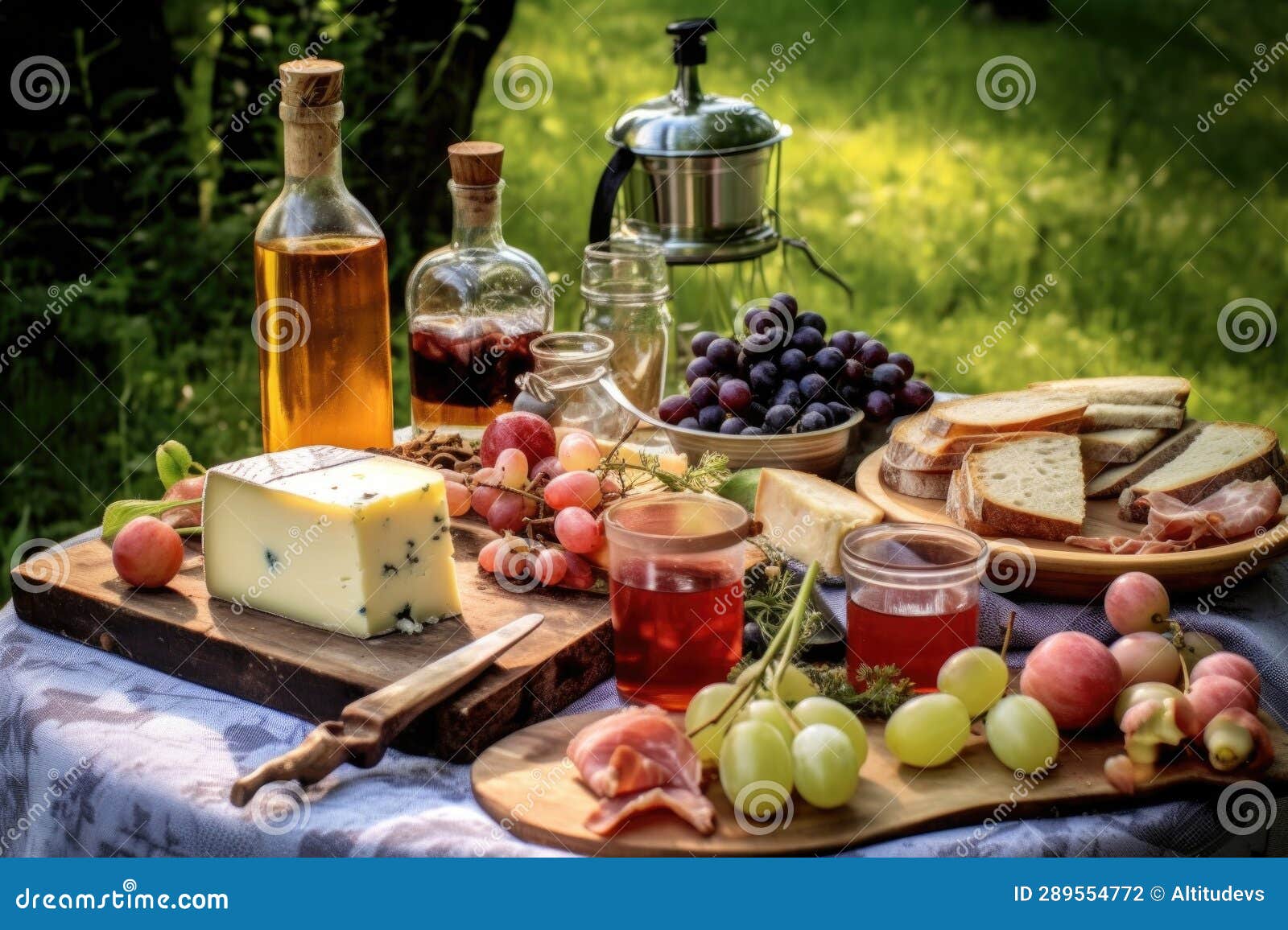 Picnic Setting with Brandy Making Book and Ingredients Stock Photo