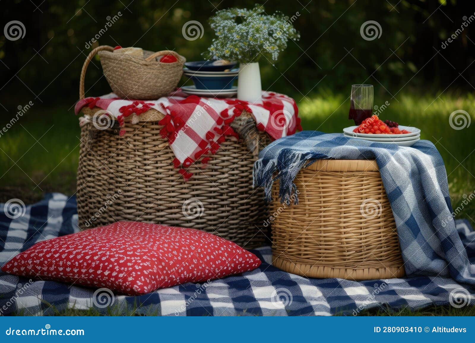 Picnic Setup with Red, White, and Blue Checkered Blanket and Basket