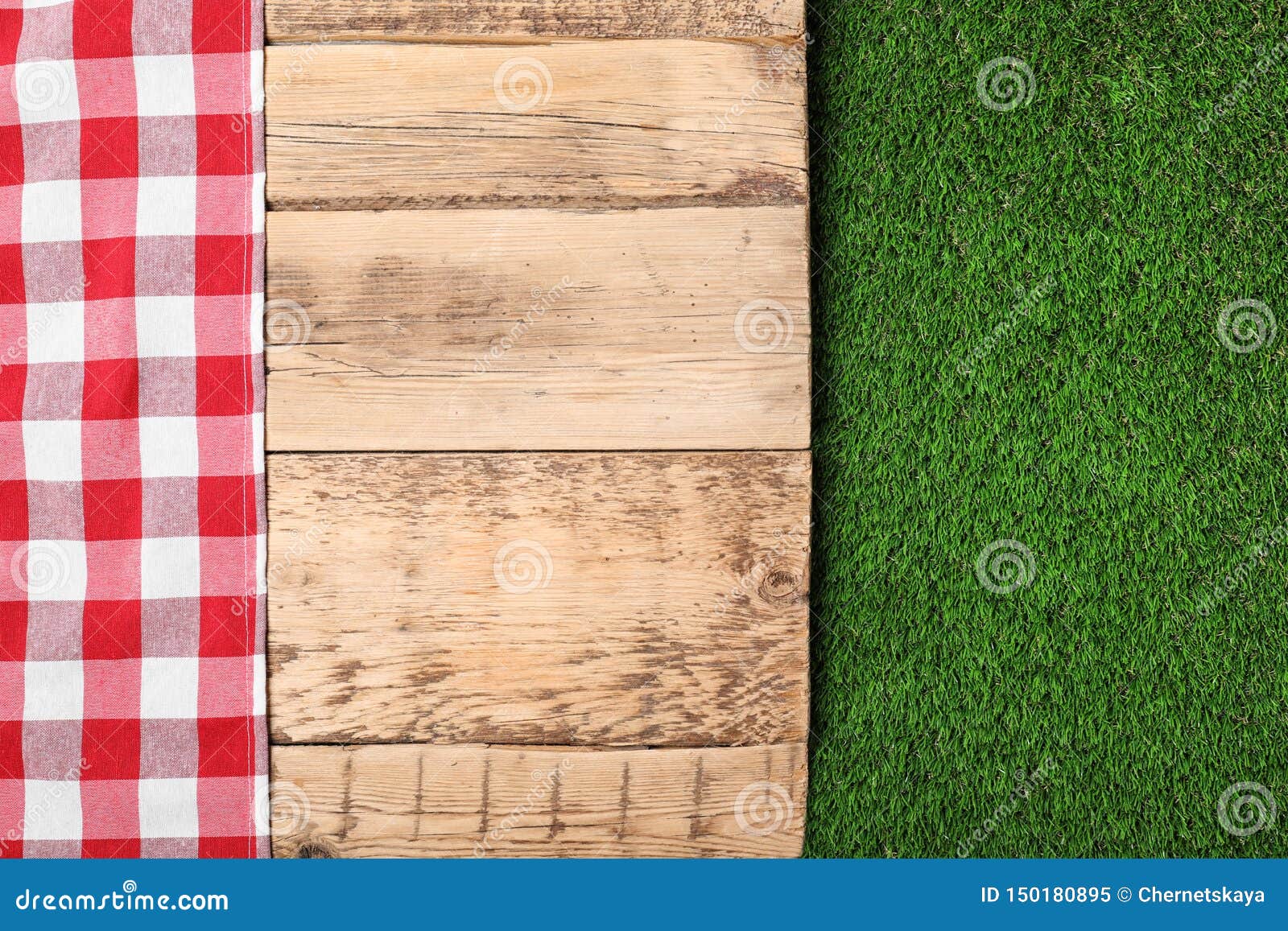 Picnic Table with Checkered Cloth on Grass. Space for Text Stock Image