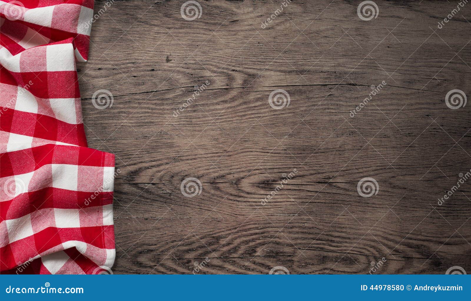 Picnic Tablecloth On Old Wooden Table Top View Stock Photo ...