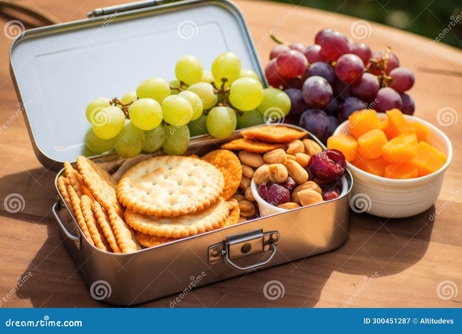 A Picnicthemed Lunchbox with Cheese, Crackers, and a Cluster of Grapes