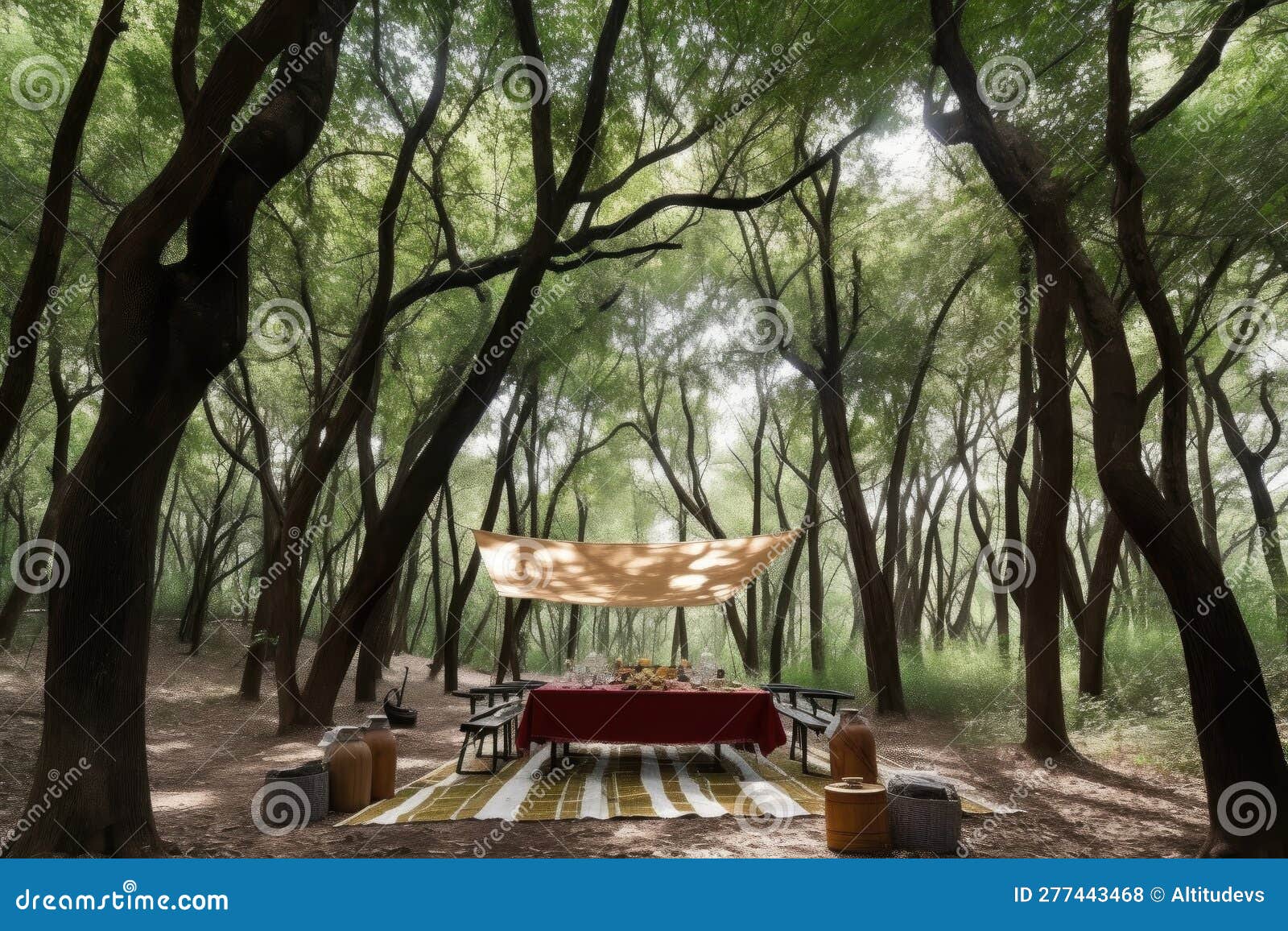 Picnic Under Canopy of Trees with a View of the Forest Stock