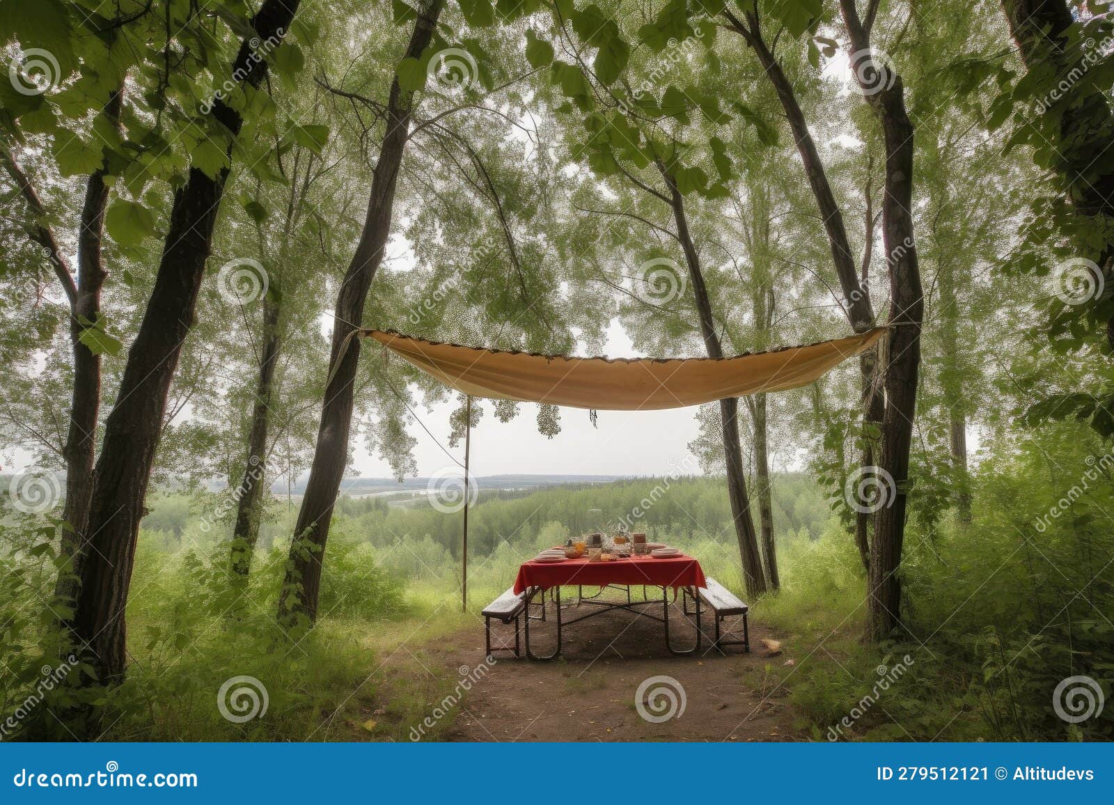 Picnic Under Canopy of Trees with a View of the Forest Stock