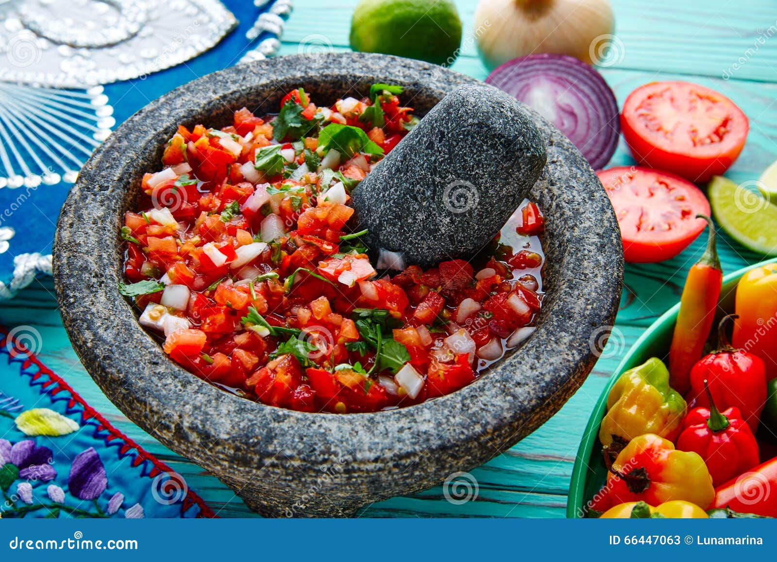 pico de gallo sauce from mexico in molcajete