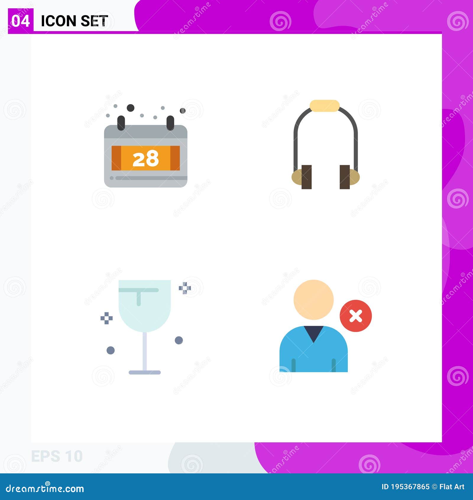 pictogram set of 4 simple flat icons of calendar, glass, headphone, music, delete