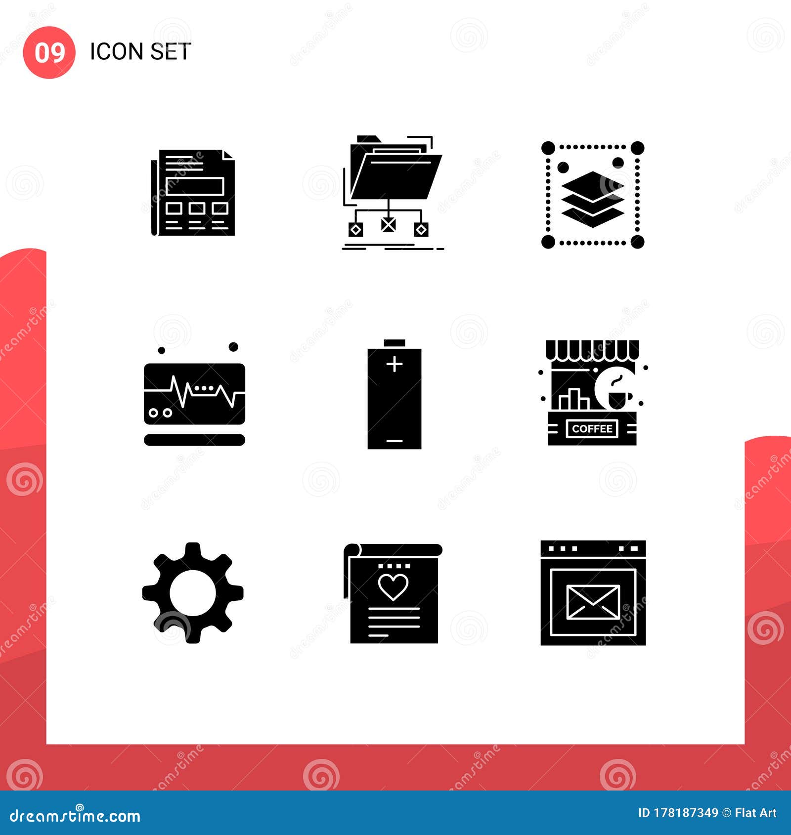 pictogram set of 9 simple solid glyphs of electric, pulse, network, monitor, misc