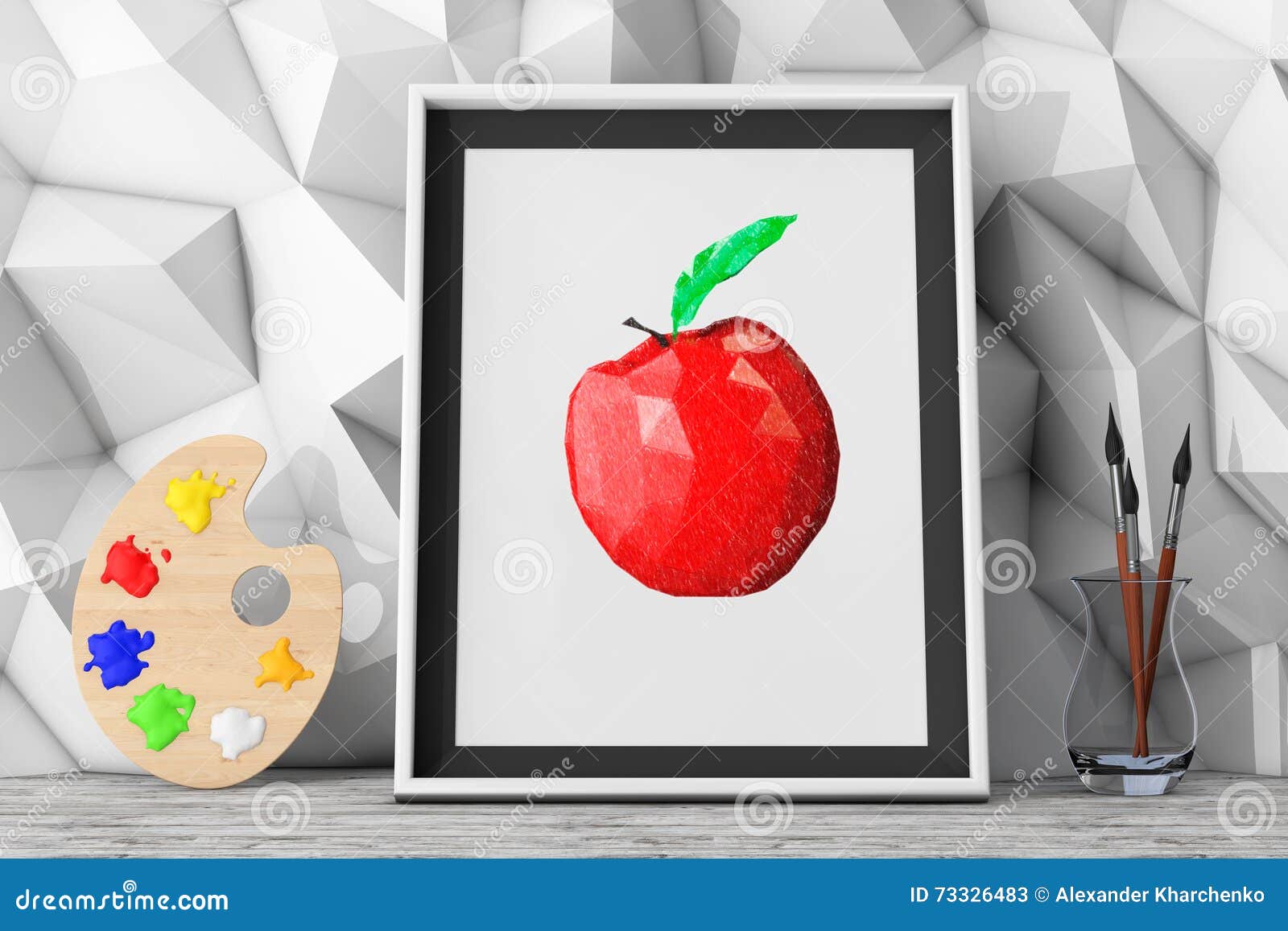 Picture of Apple with Paintbrushes and Pallette in Front of Low Stock