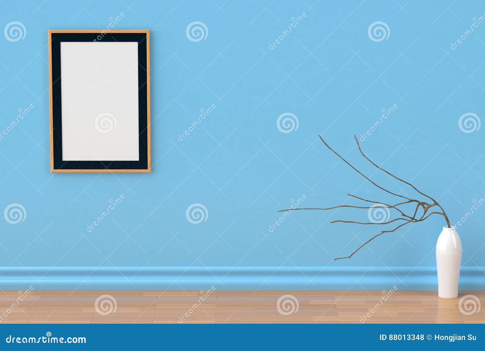 A Picture Frame on Blue Wall,3D Illustration. Stock Illustration