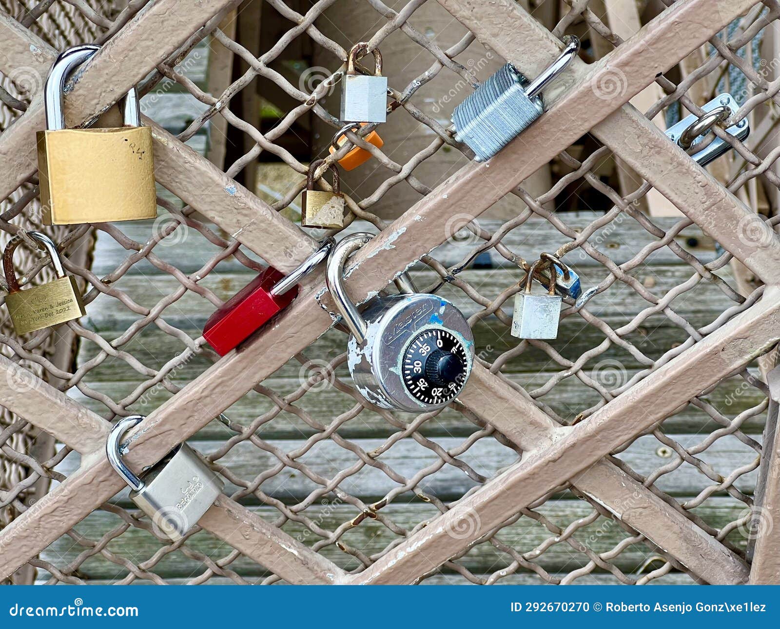 Picture of a Gate with Padlocks on the Brooklyn Bridge Stock Photo