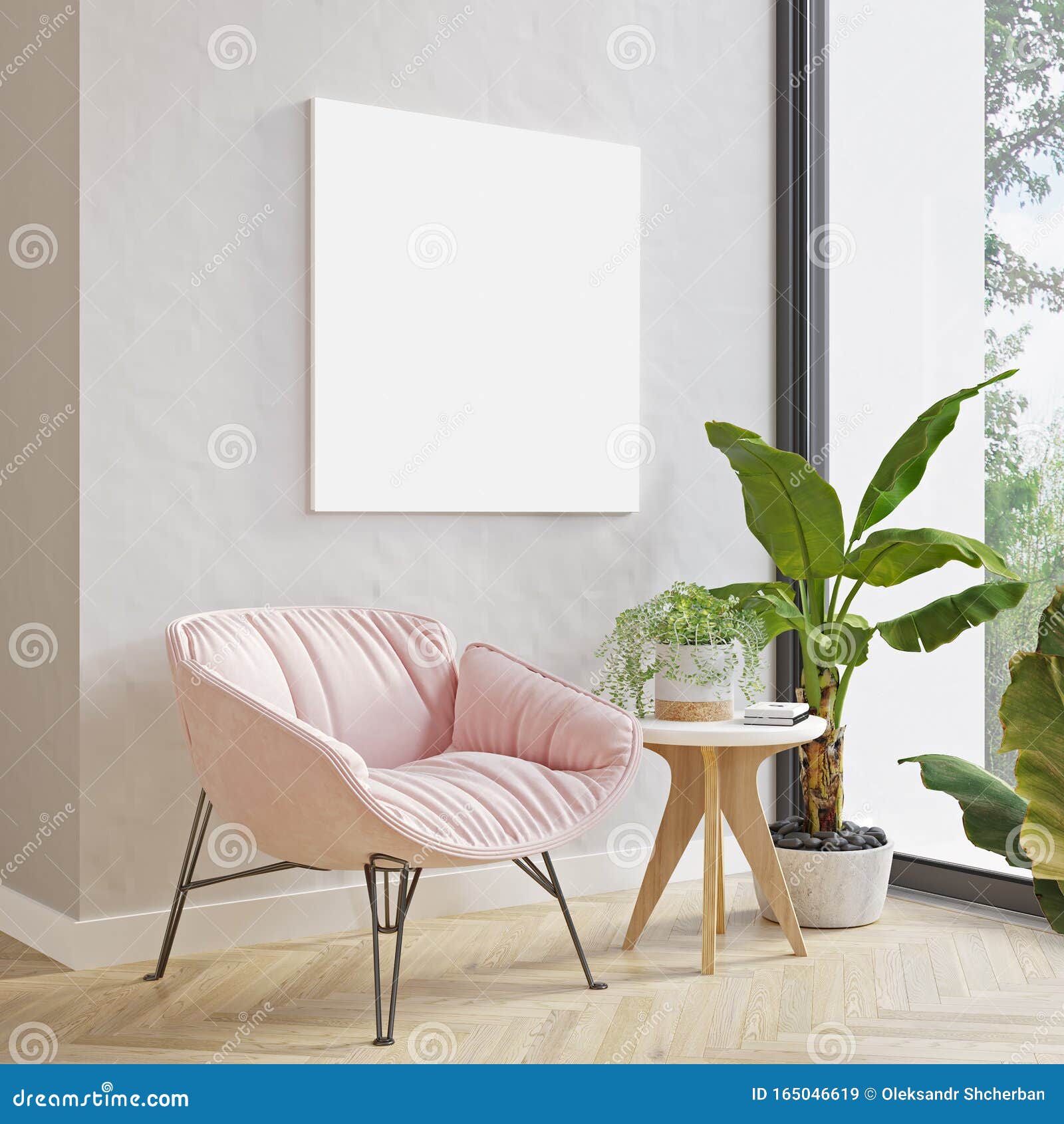 picture mockup on light wall above modern pink armchair and plants. modern minimalistic scandinavian style interior . poste