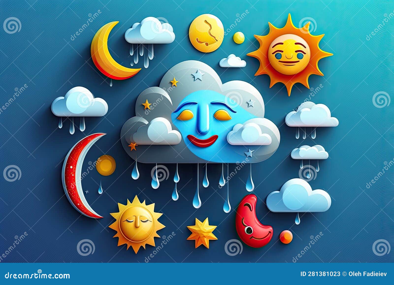 Weather Forecast with Clouds, Rain, Sun, Moon and Stars Stock 