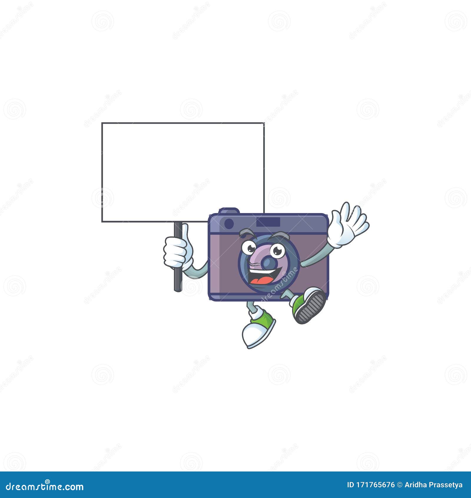 A Picture of Retro Camera Cartoon Character with Board Stock Vector Illustration of emoticon