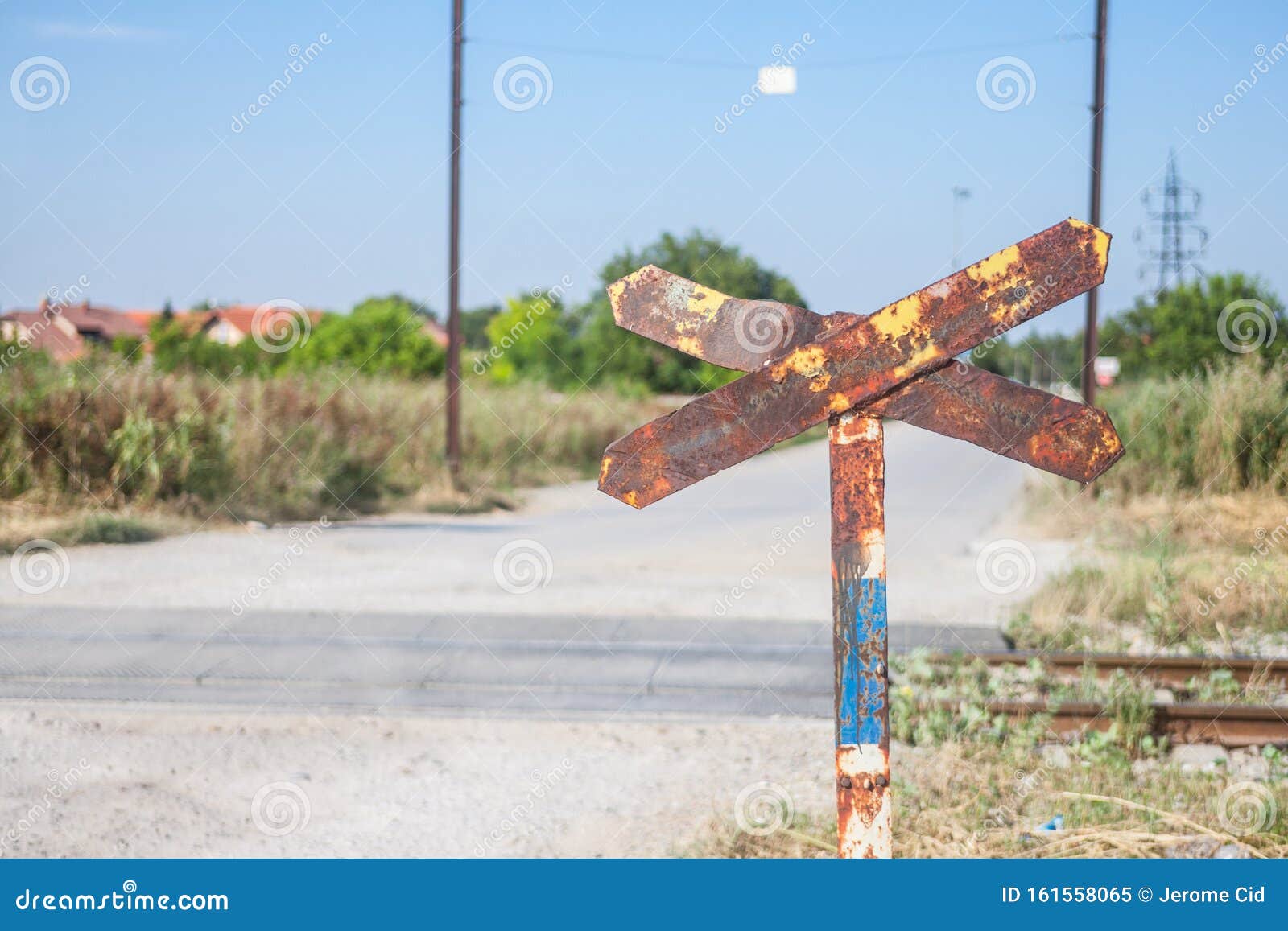 Level Crossing Sign Called Crossbuck Saltire Or Saint Andrews Cross Rusted Standing On A Countryside Road Which Crosses Stock Image Image Of Line Closed