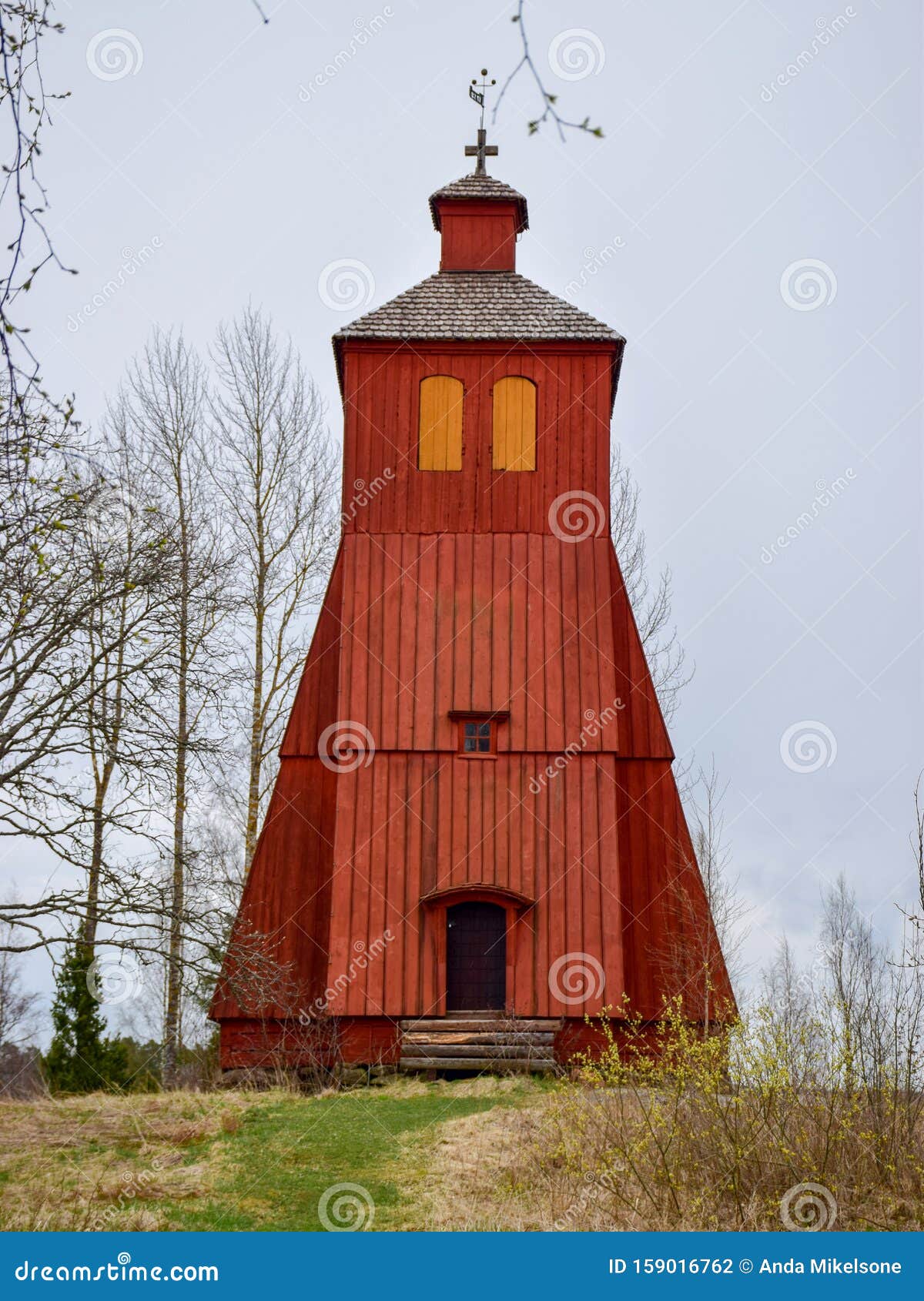 picture with scandinavian-style red very old wooden house, wooden tile roof