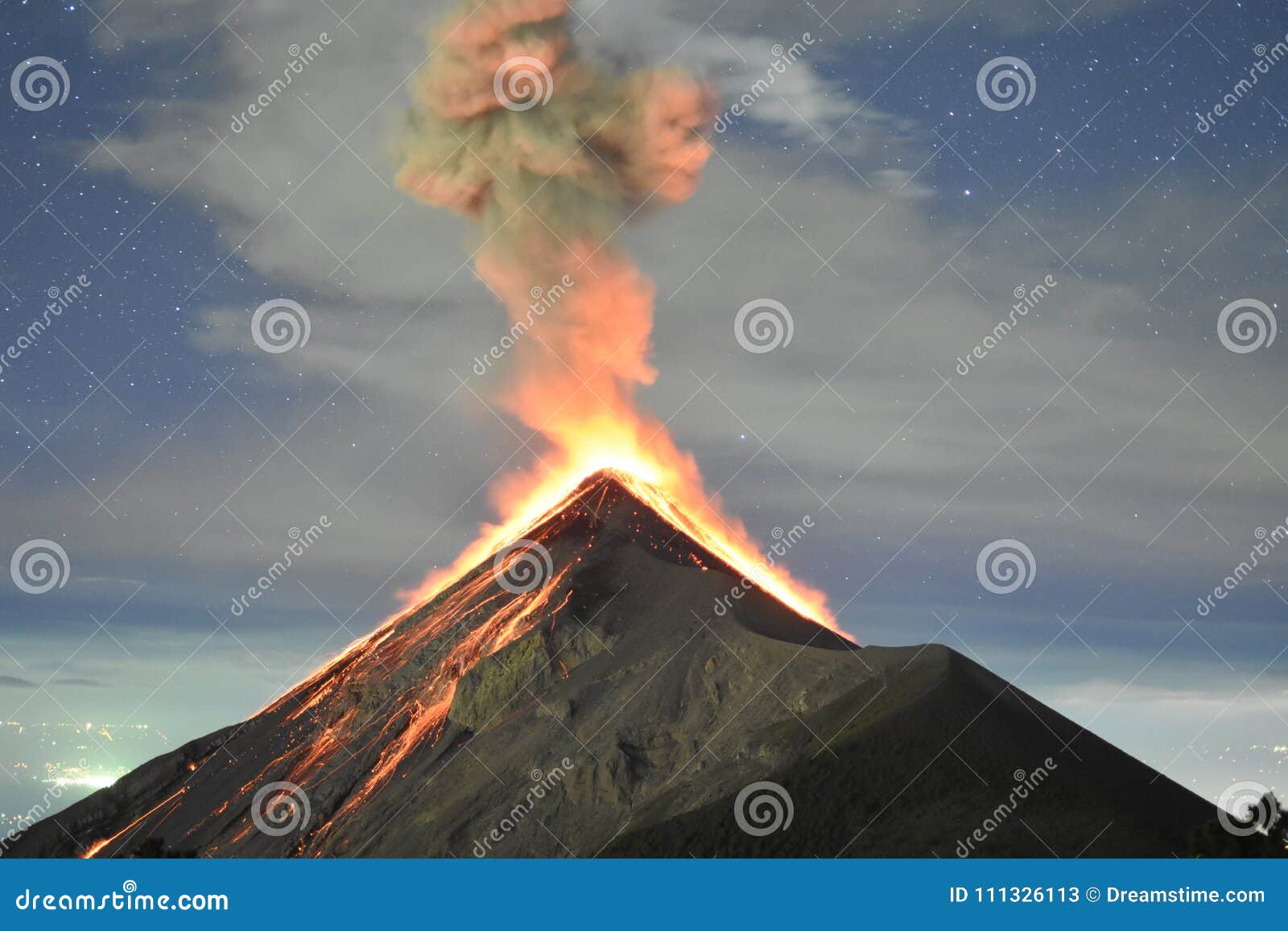 volcano fuego eruption with stars in guatemala, captured from the top of the acatenango