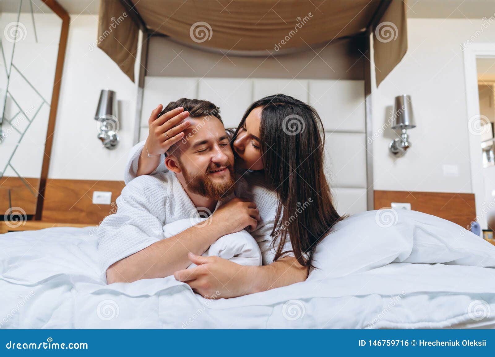 Picture Showing Happy Couple Resting In Hotel Room Stock Photo Image