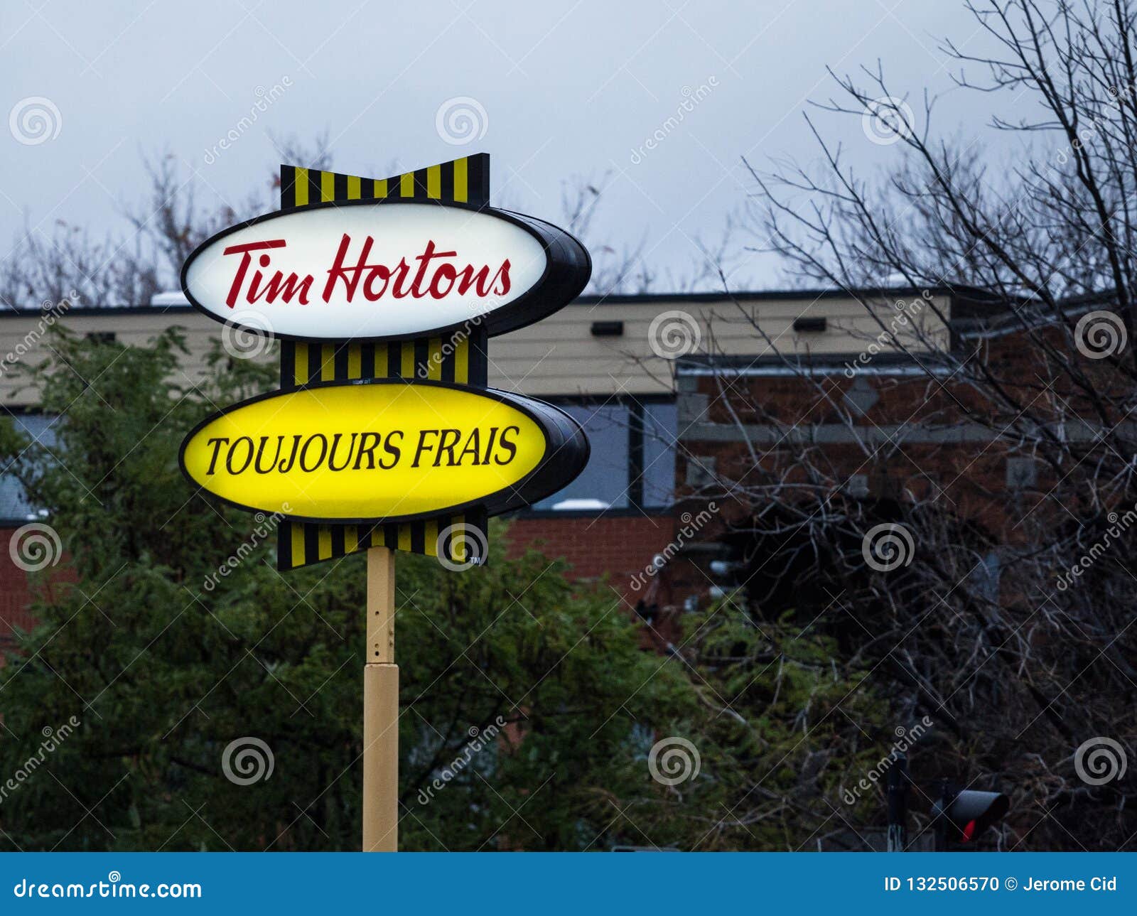 Tim Hortons Logo in Front of One of Their Restaurants in Quebec