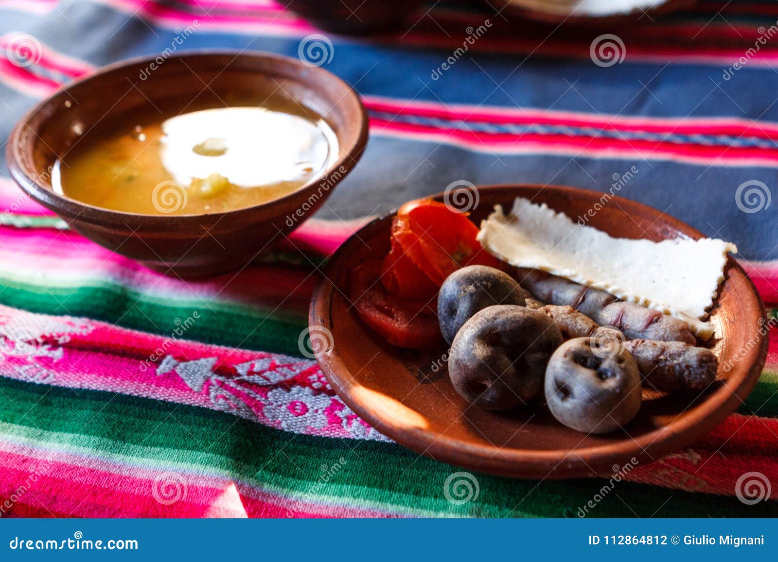 typical meal with peruvian food, amantani island, titicaca lake, peru