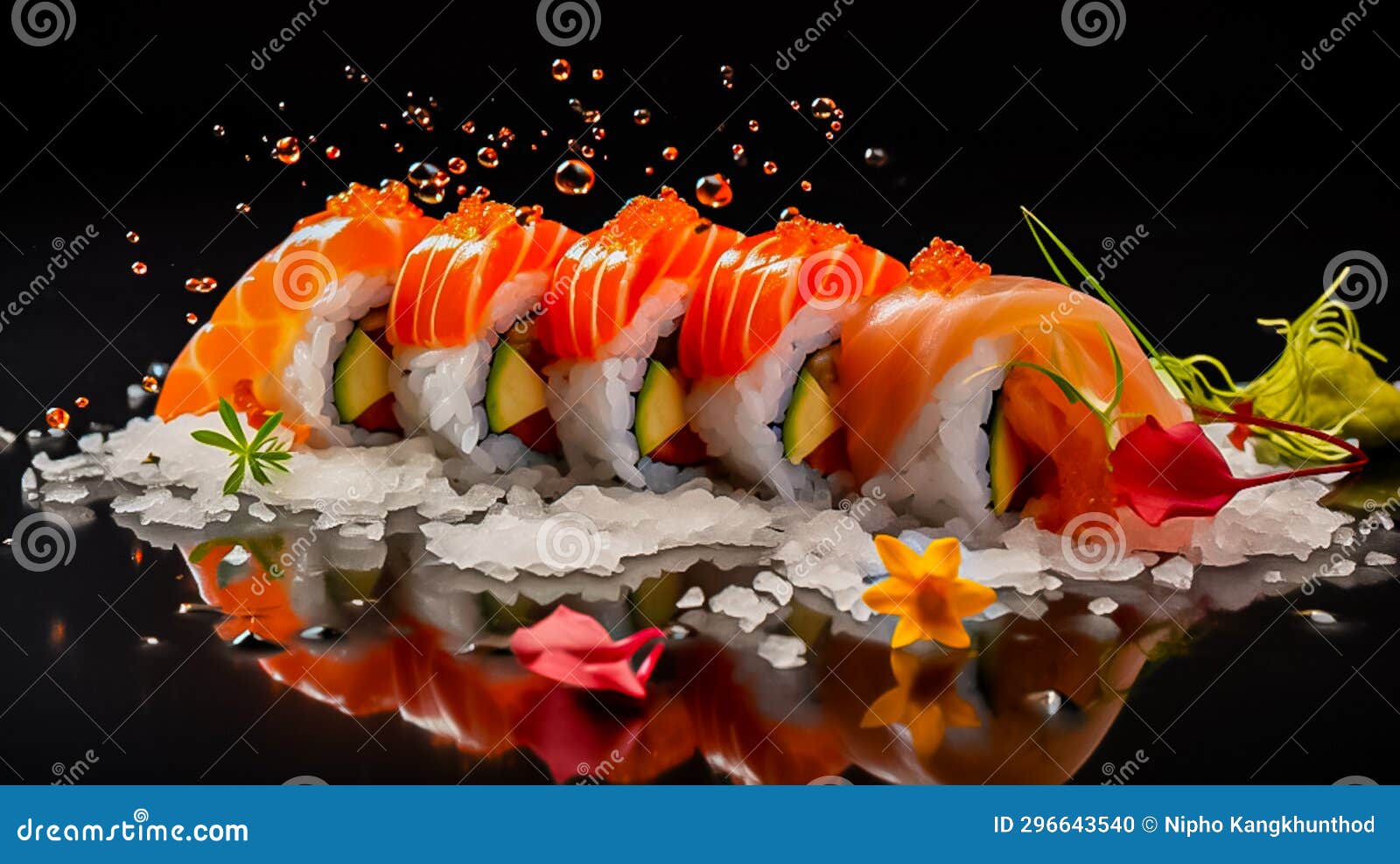 picture of zushi-shi, a type of food, made by molding rice into a ball with filling in the middle, generative ai