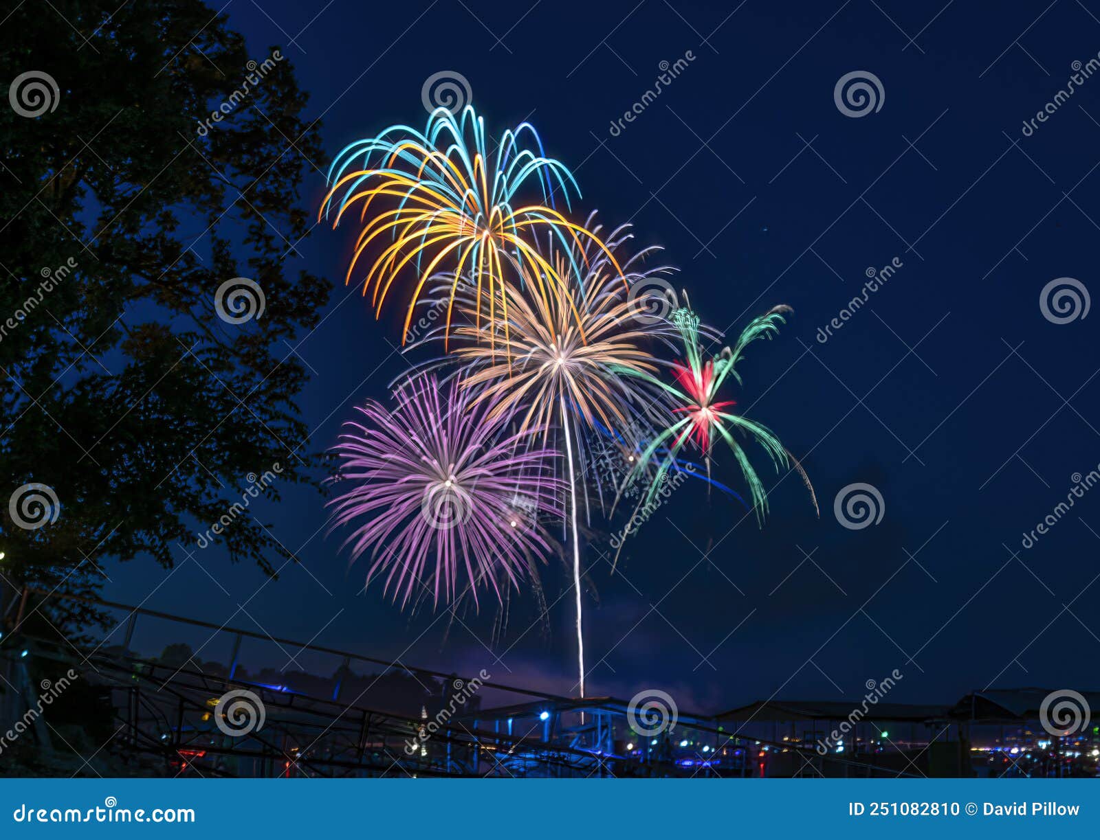 July 4th, 2022, Duck Creek Fireworks Display on Grand Lake, Oklahoma. Stock Photo Image of