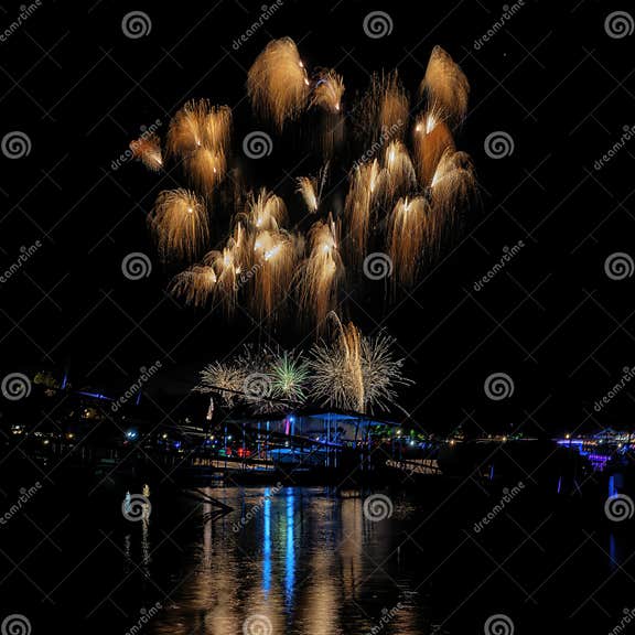 July 4th, 2023 Duck Creek Fireworks Display on Grand Lake, Oklahoma. Stock Photo Image of
