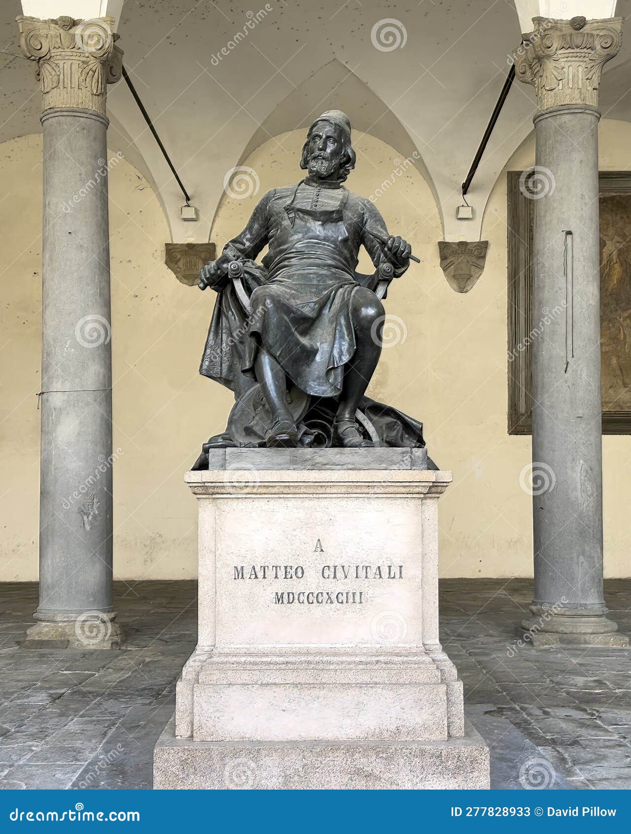 monument to matteo civitali by arnaldo fazzi in the loggia of the praetorian palace in lucca, italy.