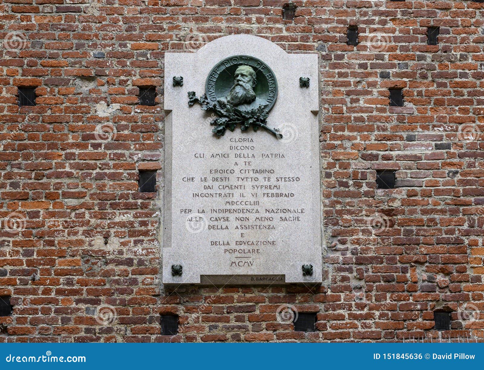 plaque to commemorate giuseppe piolti de bianchi, sforza castle  in milan, italy