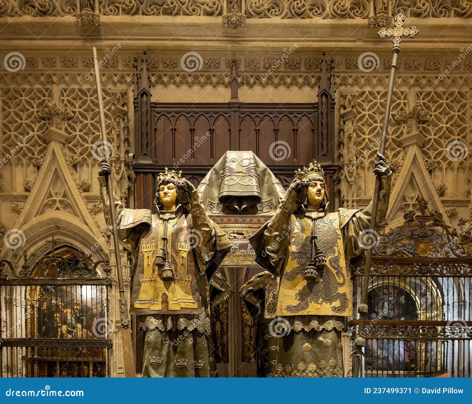 tomb of christopher columbus by sculptor arturo melida in the seville cathedral in spain.