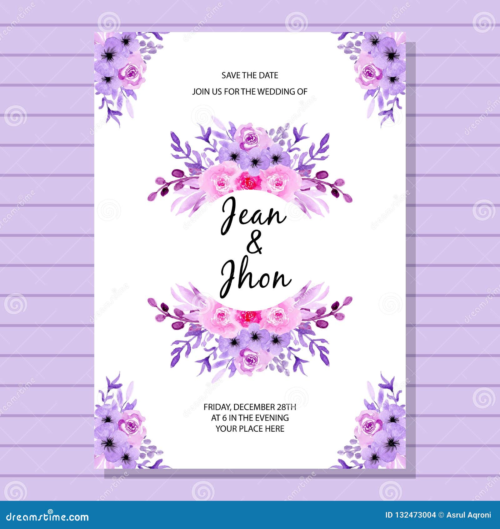 Watercolor Wedding Invitation, Purple Flower Stock Illustration -  Illustration of hello, drawn: 132473004