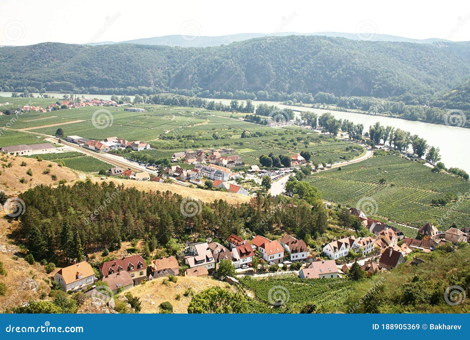 Picturesque European Town Far Away. Scenic Mountain Landscape with