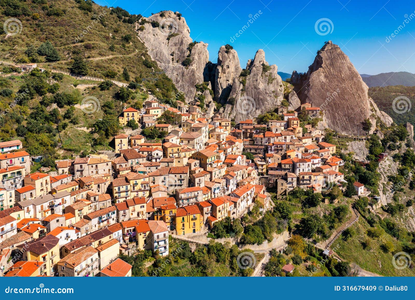 the picturesque village of castelmezzano, province of potenza, basilicata, italy. cityscape aerial view of medieval city of