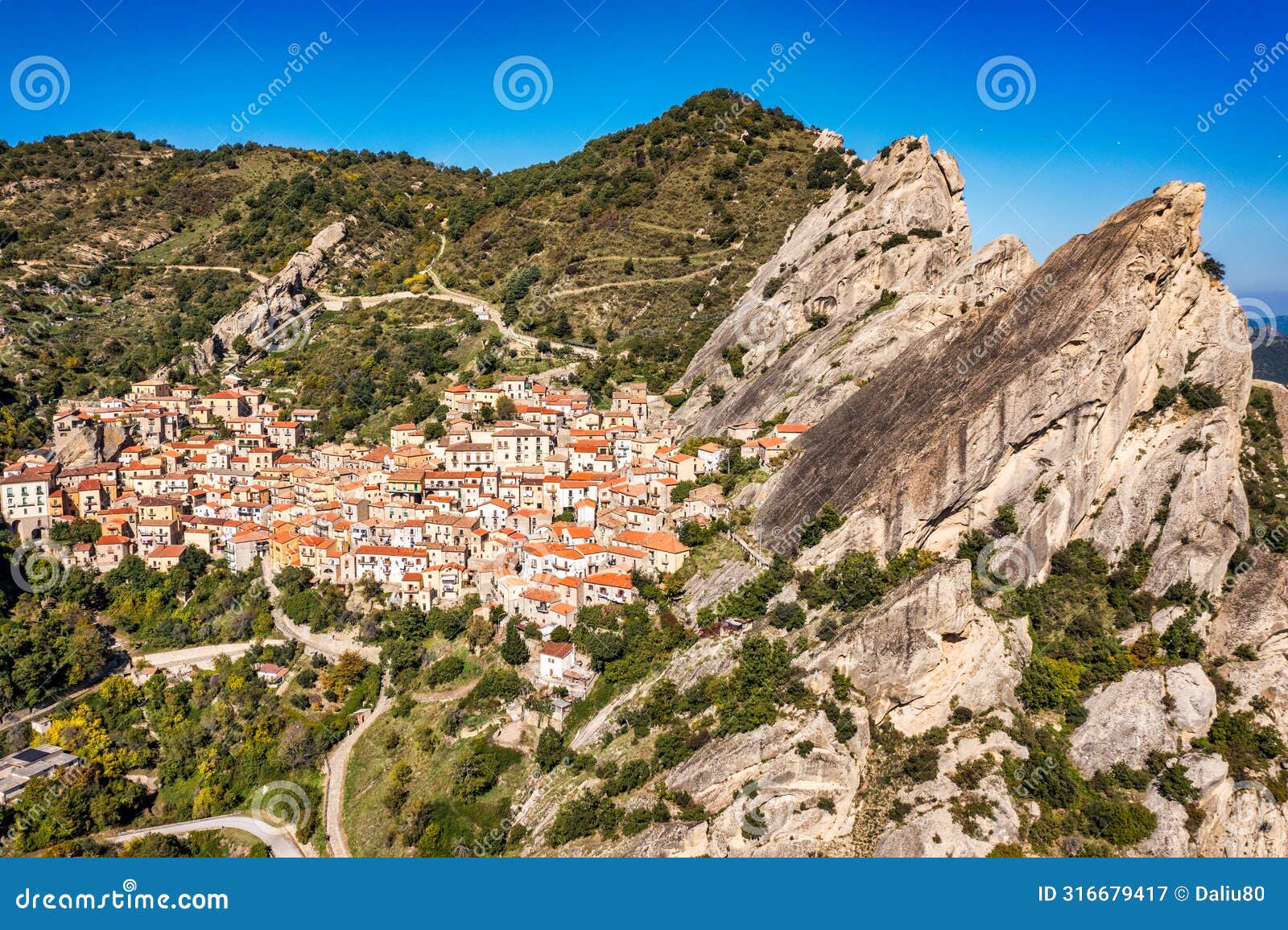 the picturesque village of castelmezzano, province of potenza, basilicata, italy. cityscape aerial view of medieval city of