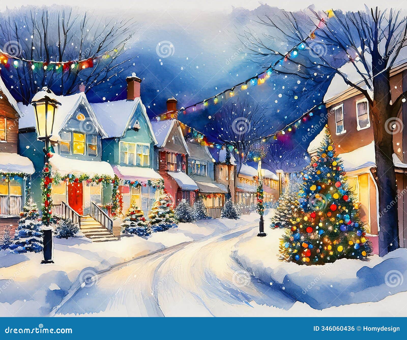 a picturesque winter street adorned with twinkling lights and snow-covered houses, creating a magical christmas scene