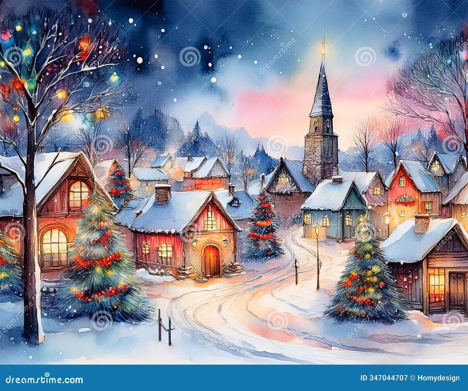 a picturesque winter village bathed in warm christmas lights, creating a magical atmosphere under a starry sky