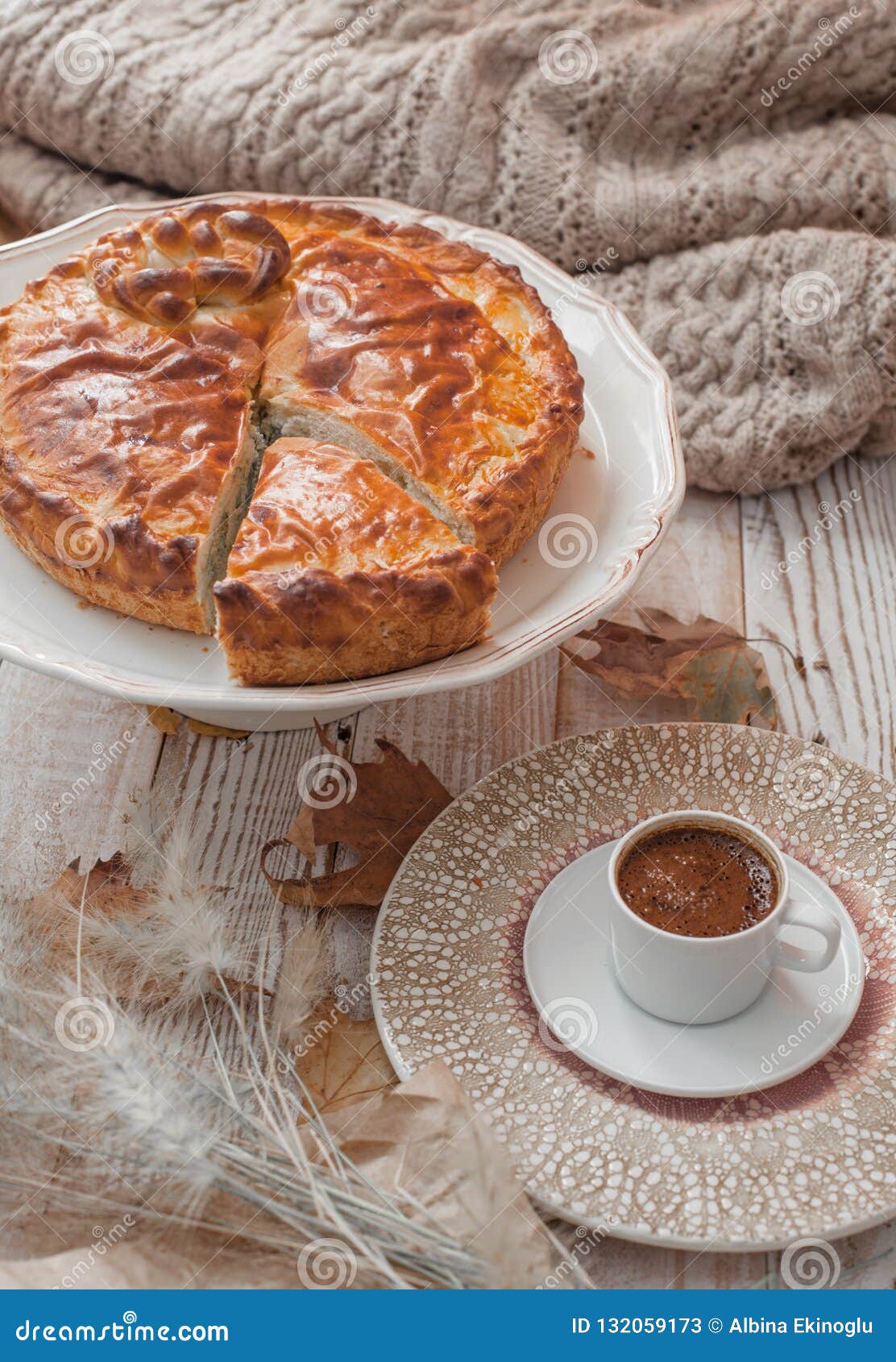 Pie and coffee stock image. Image of cappuccino, leaf 132059173