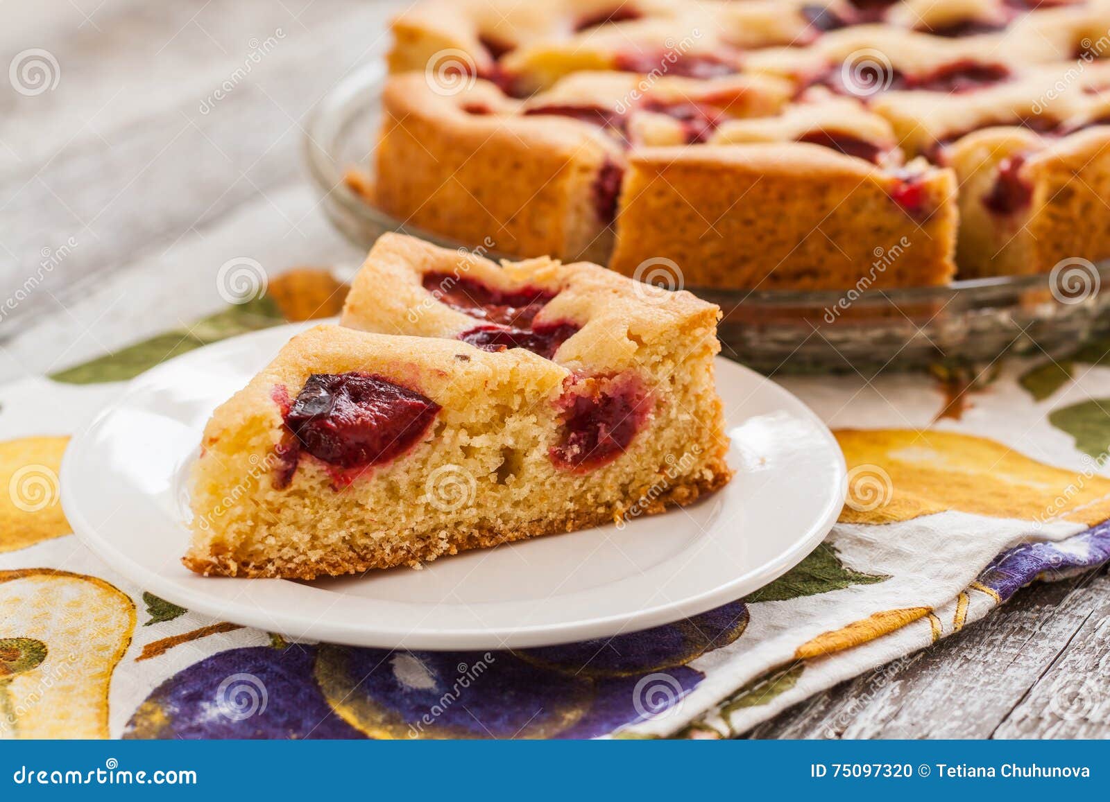 Pie With Plums And Slice And Cup With Coffee Stock Photo ...