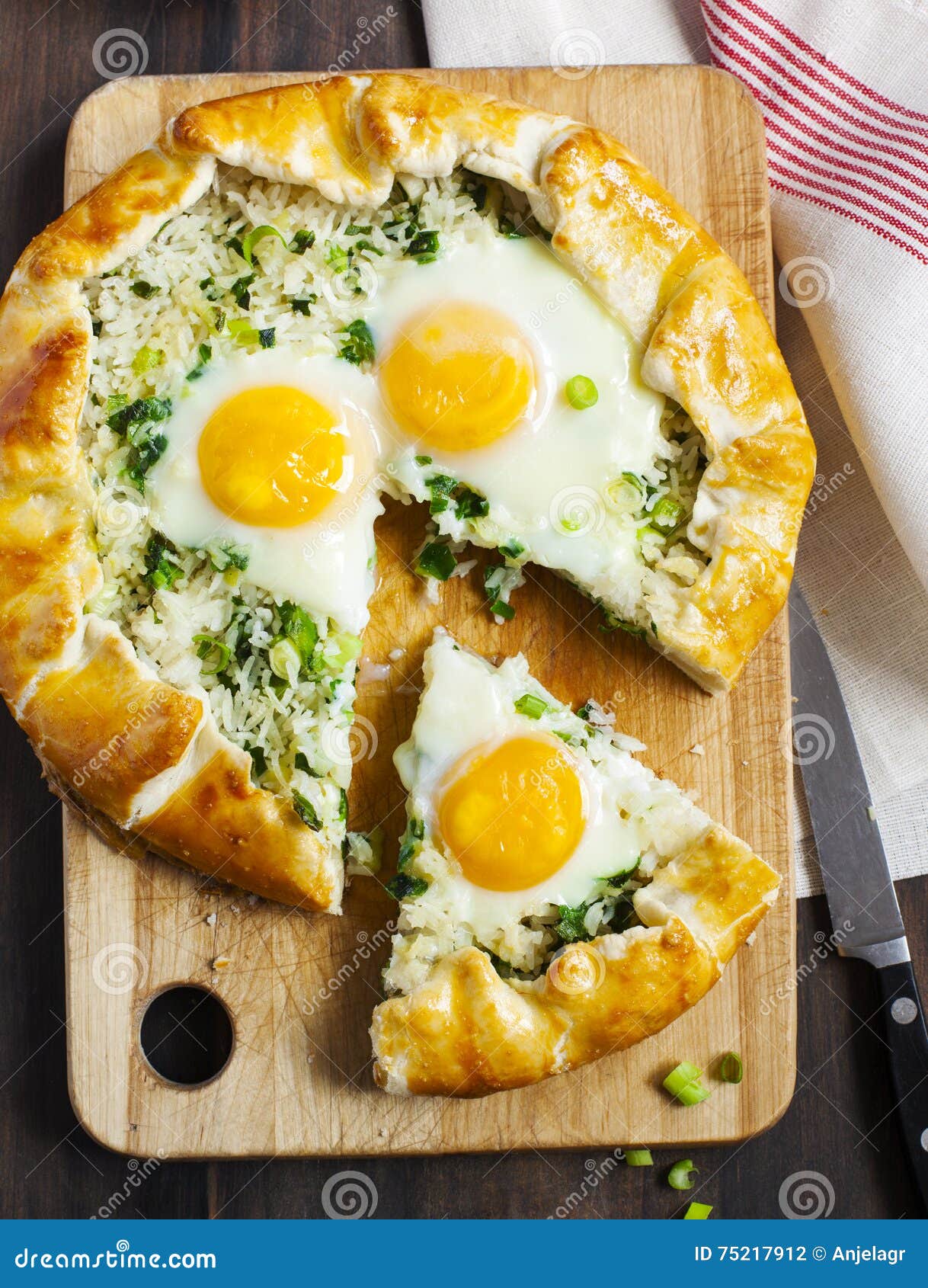 Pie with Rice, Green Onions and Egg. Galette Stock Photo Image of pastry, wood 75217912