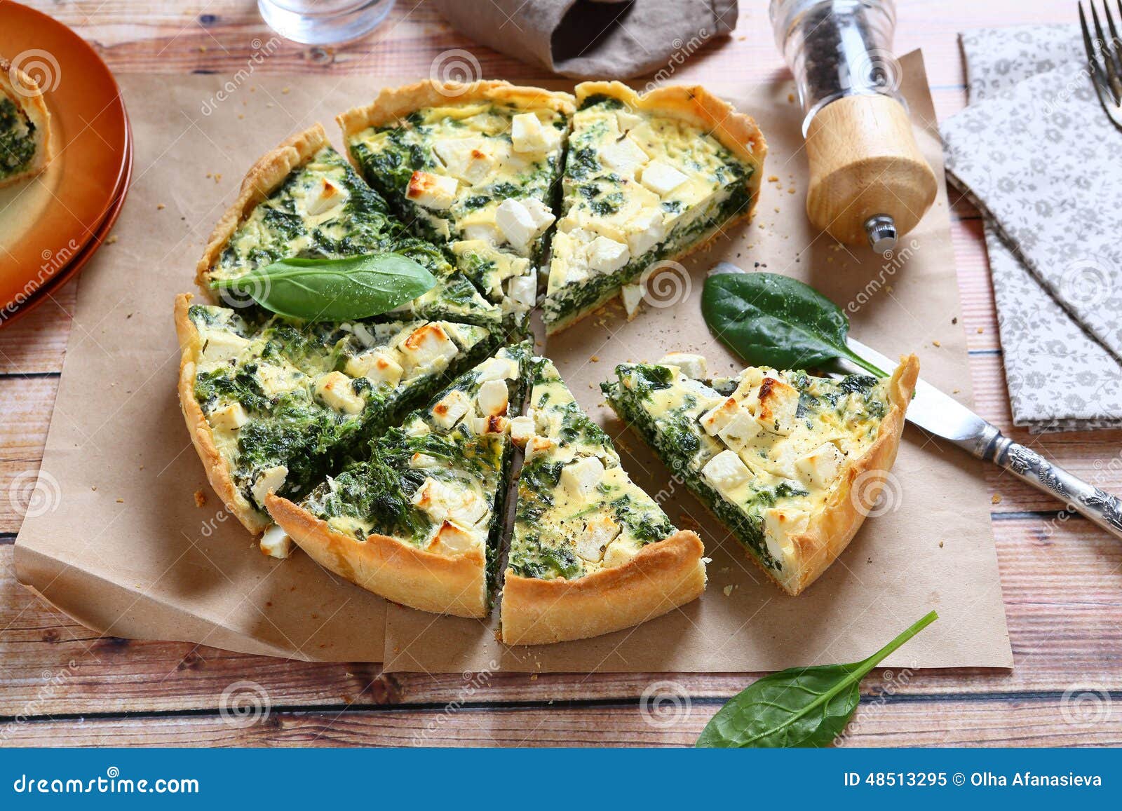 Pie with Spinach and Feta Cheese Stock Image - Image of slice, snack ...