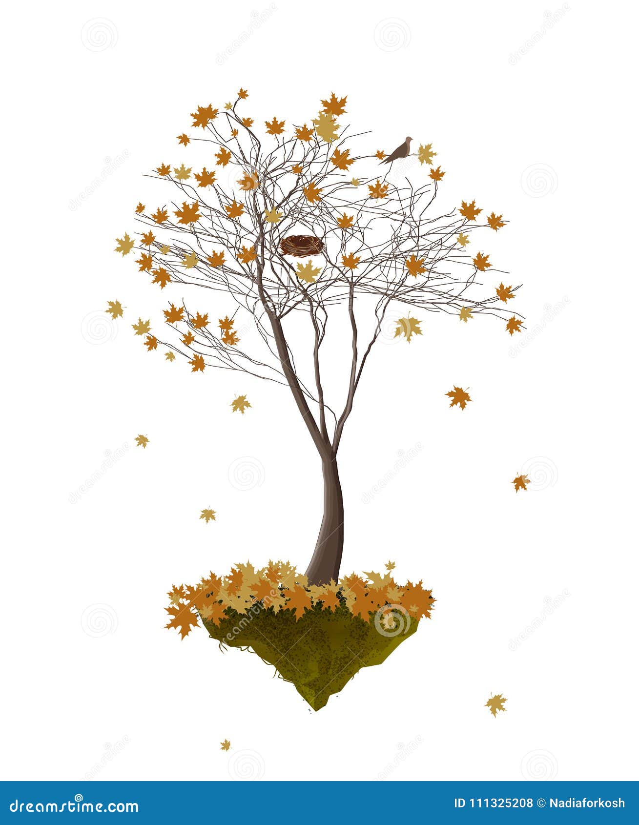 piece of autumn, autumn tree with yellow leaves and empty bird s nest growing on the flying rock on white background