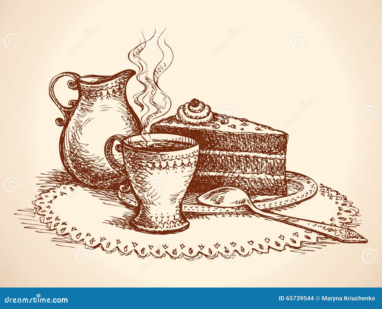 Piece of Cake and Cup of Coffee. Vector Drawing Stock Vector